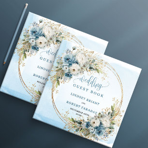 Boho Pastell Blå Blommor Guld Gästebok Gästböcker