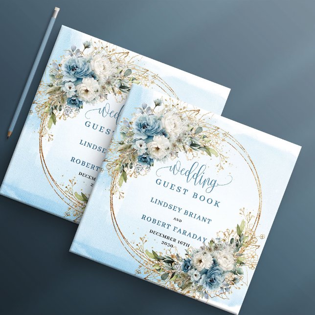 Boho Pastell Blå Blommor Guld Gästebok Gästböcker (Boho Pastel Blue Flowers Gold Guest Book)