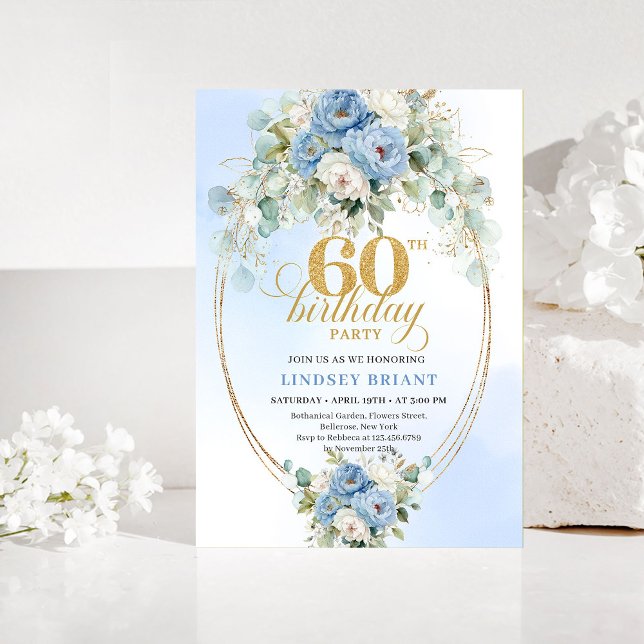 Boho Pastell blå peony grönska guld 60-årsdag Inbjudningar (Pastel blue peony greenery gold 60th birthday invitation)