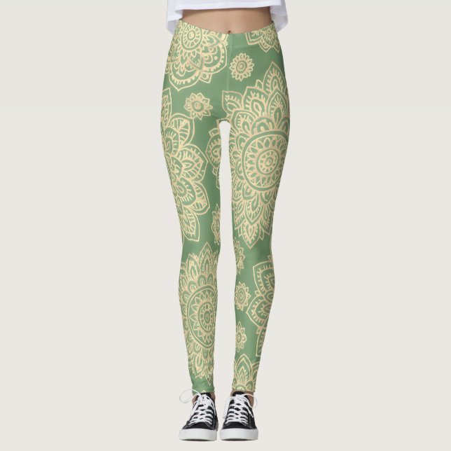 Boho Pastell Mandala Salvia Grön Leggings (Framsida)