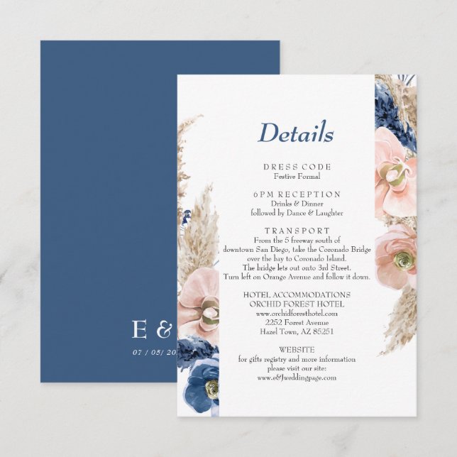 Boho pastellblå & rosenskära chic blomsterbröllop tilläggskort (Fram/baksida)