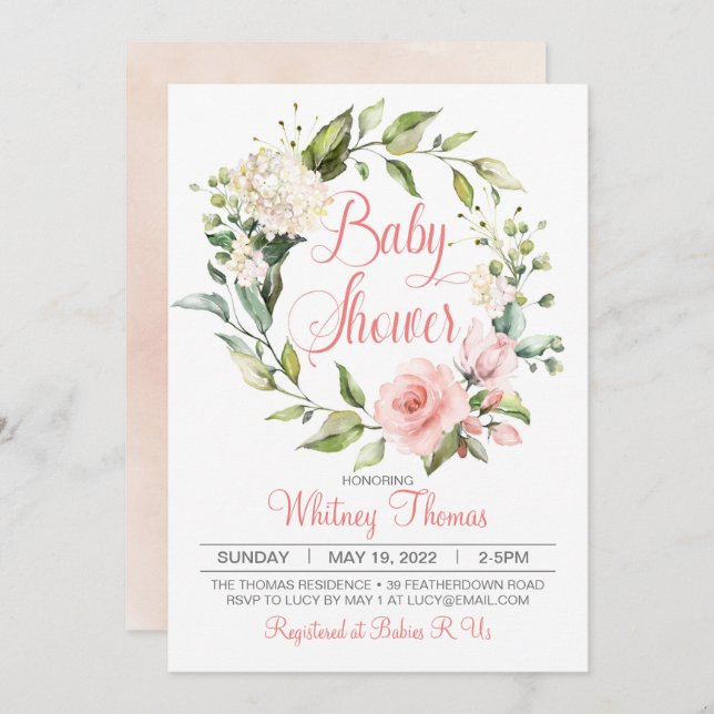 Boho Peach Blommigt Baby Shower-inbjudan Inbjudningar (Fram/baksida)