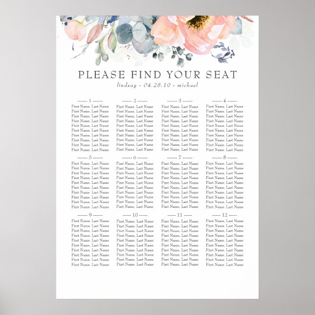 Boho Peach Blommigt Dusty Blue Bröllop Sittdiagram Poster (Framsidan)