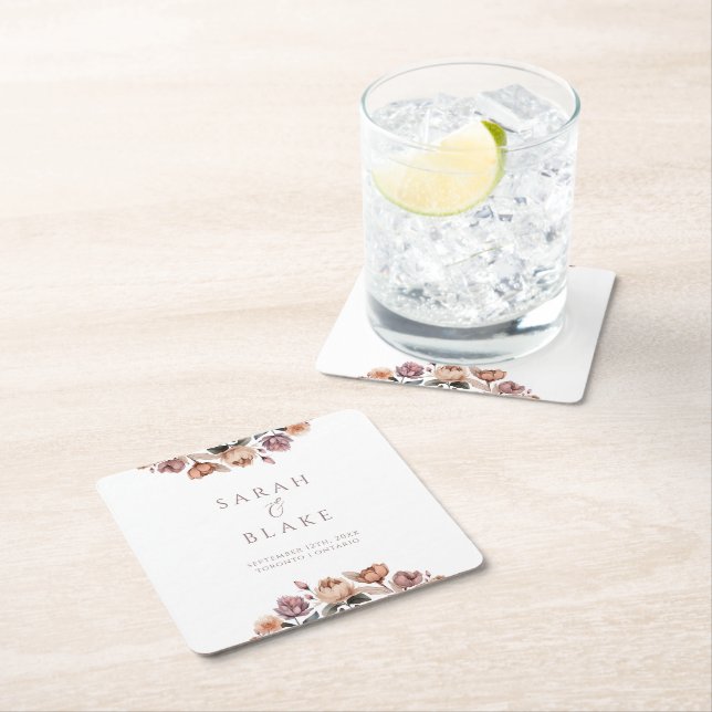 Boho Peach Blommigt Garden Wedding Favor Underlägg Papper Kvadrat (Insitu)