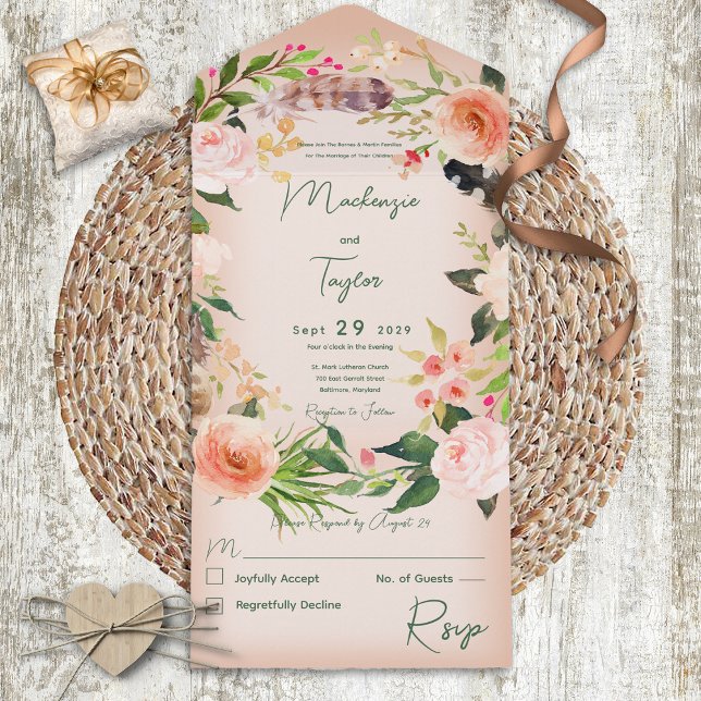 Boho Peach Blommigt Utandning och fjädrar Ingen mi (Skapare uppladdad)
