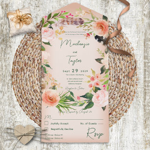 Boho Peach Blommigt Utandning och fjädrar Middag