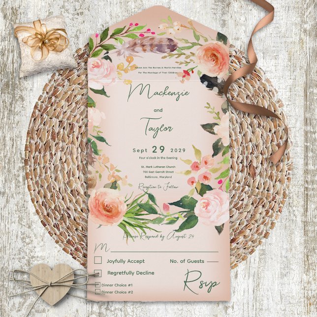 Boho Peach Blommigt Utandning och fjädrar Middag (Skapare uppladdad)