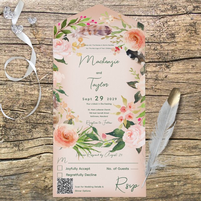 Boho Peach Blommigt Utandning och fjädrar QR- kod (Skapare uppladdad)