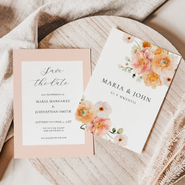 Boho Peach & Blush Blommig Bröllop Spara Datum Inbjudningar