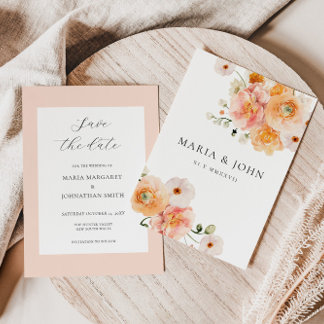 Boho Peach & Blush Blommig Bröllop Spara Datum Inbjudningar