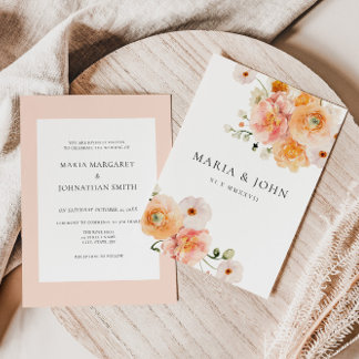 Boho Peach & Blush Blommig Bröllopsinbjudan Inbjudningar