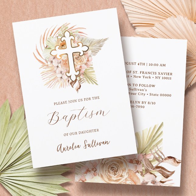 Boho Peach Bouquet Baptism Inbjudningar (Skapare uppladdad)