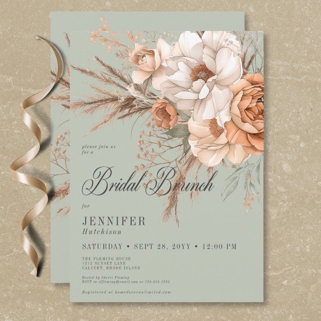 Boho Peach & Cream Blommigt Grönt Möhippa Brunch Inbjudningar (Boho Peach & Cream Floral Green Bridal Brunch Invitation)