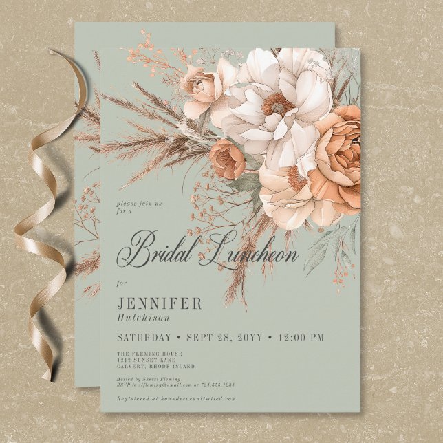 Boho Peach & Cream Blommigt Grönt Möhippa Luncheon Inbjudningar (Boho Peach & Cream Floral Green Bridal Luncheon Invitation)