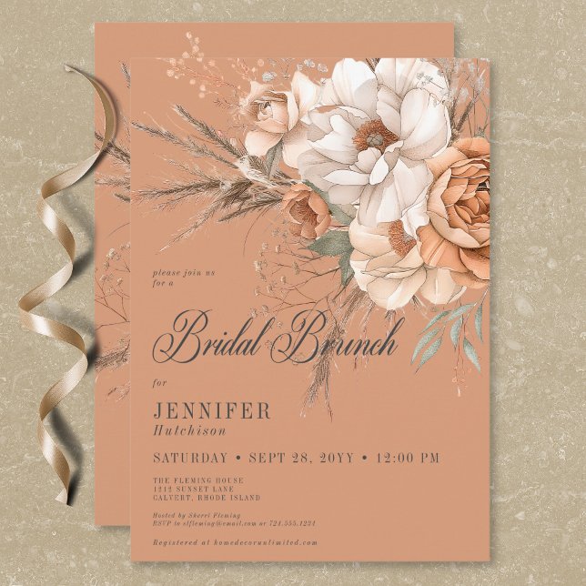 Boho Peach & Cream Blommigt Rust Möhippa Brunch Inbjudningar (Boho Peach & Cream Floral Rust Bridal Brunch Invitation)