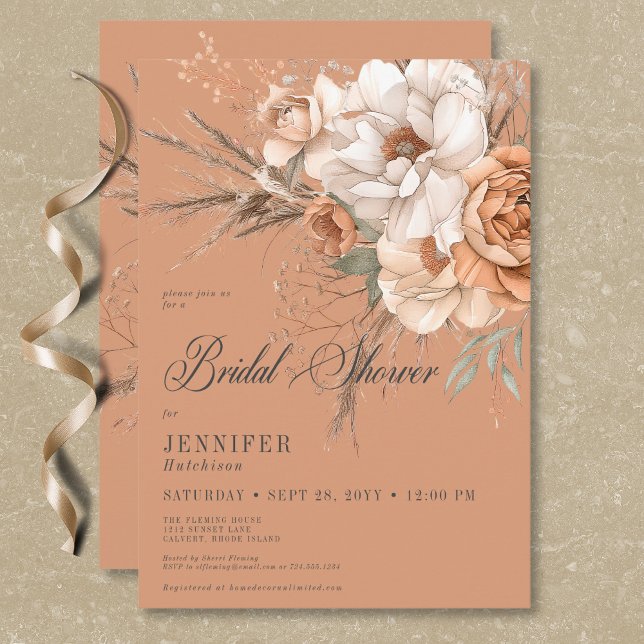 Boho Peach & Cream Blommigt Rust Möhippa Inbjudningar (Boho Peach & Cream Floral Rust Bridal Shower Invitation)