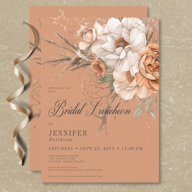Boho Peach & Cream Blommigt Rust Möhippa Luncheon Inbjudningar (Boho Peach & Cream Floral Rust Bridal Luncheon Invitation)