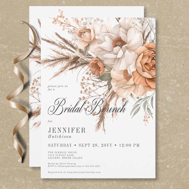 Boho Peach & Cream Blommigt White Möhippa Brunch Inbjudningar (Boho Peach & Cream Floral White Bridal Brunch Invitation)