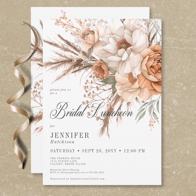 Boho Peach & Cream Blommigt White Möhippa Luncheon Inbjudningar (Boho Peach & Cream Floral White Bridal Luncheon Invitation)