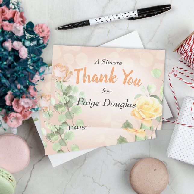 Boho Peach Dusty Rosa Blommigt Eucalyptus Foliage Kort (graduation party graduate thank you card thanks stationary peach pink roses flowers botanical)