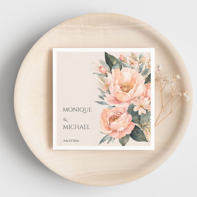 Boho peach earthy blommigt bröllop tryckt pappersservett (Boho peach peonies earthy floral spring summer wedding printed napkins personalized tableware decor)