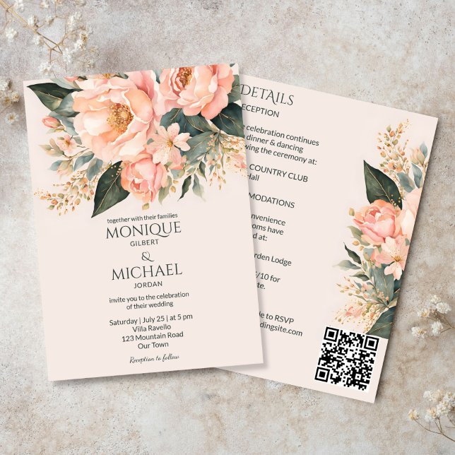 Boho peach earthy blommigt i bröllop inbjudningar (Boho peach earthy floral all in one wedding invitation template digital download spring summer)