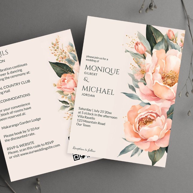 Boho peach earthy blommigt i bröllop inbjudningar (Boho peach earthy floral all in one wedding invitation template digital download summer flowers)