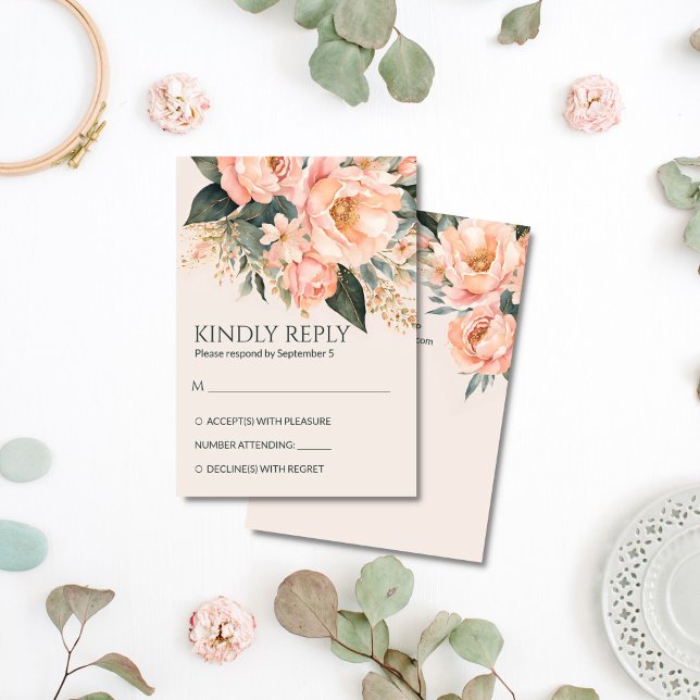 Boho peach earthy blommigt (sommartid) vår bröllop OSA kort (Boho peach peonies earthy floral summer spring wedding RSVP card qr rsvp cards)