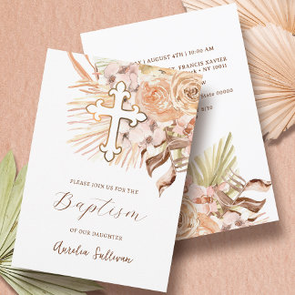 Boho Peach Flowers Baptism Inbjudningar
