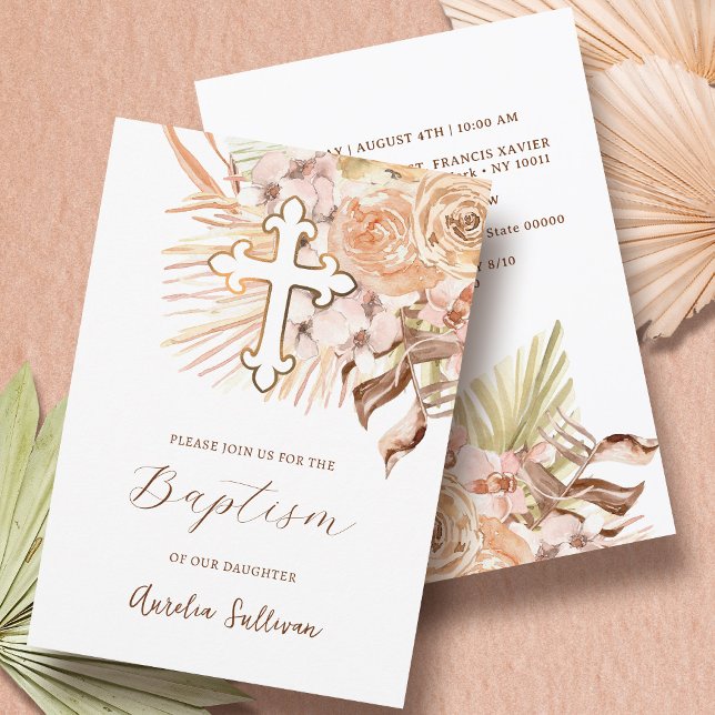 Boho Peach Flowers Baptism Inbjudningar (Skapare uppladdad)