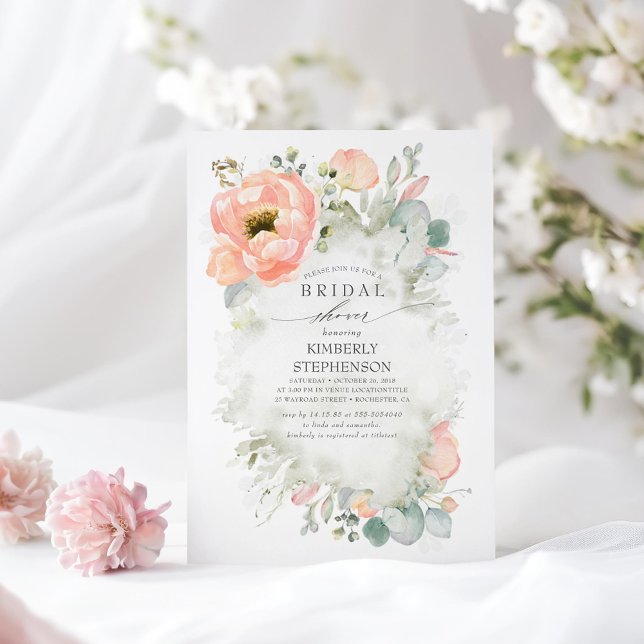 Boho Peach Flowers Elegant Garden Möhippa Inbjudningar (Floral Romantic Bridal Shower Invitations)