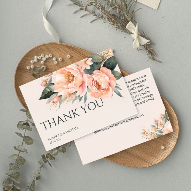 Boho peach grönt blommigt bröllop tack kort (Boho peach peonies flowers earthy floral wedding thank you cards simple modern thank yous)