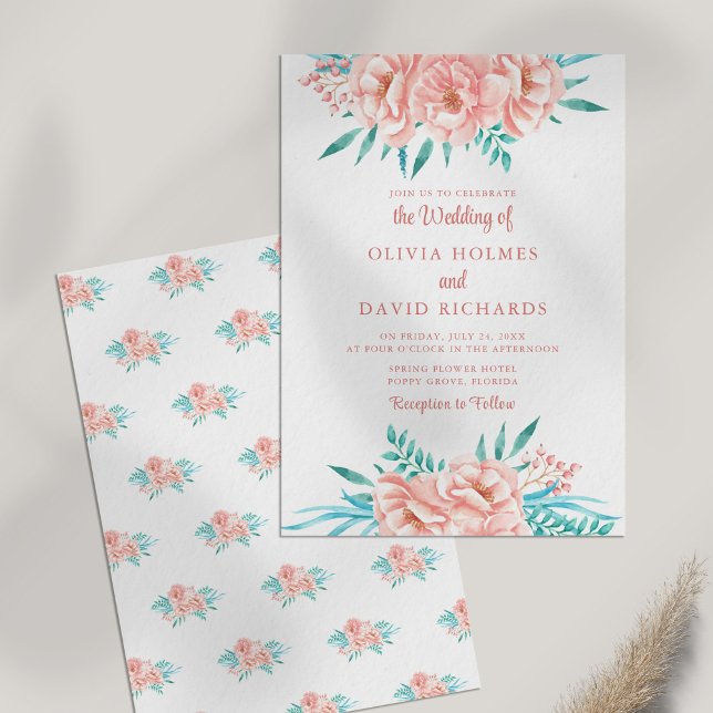 Boho Peach och Tosca Blommig Bröllopsinbjudan Inbjudningar (Boho Peach and Tosca Floral Wedding Invitation on white table.)