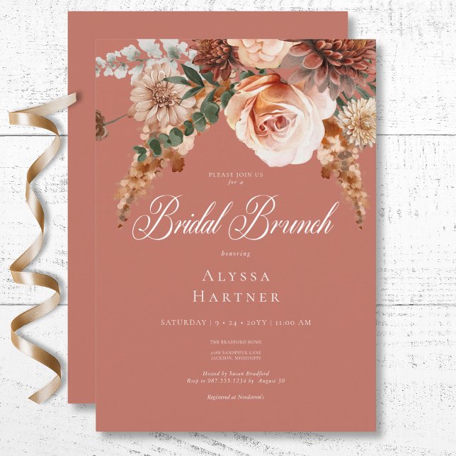 Boho Peach & Rost Blommig Rost Bröllopsbrunch Inbjudningar (Boho Peach & Rust Floral Rust Bridal Brunch Invitation)