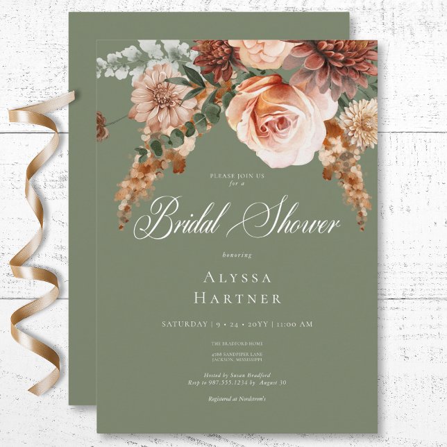 Boho Peach & Rust Blommig Sagogrön Bröllopsdusch Inbjudningar (Boho Peach & Rust Floral Sage Green Bridal Shower Invitation)
