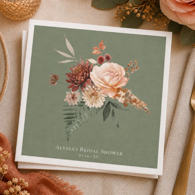 Boho Peach & Rust Blommig Sagogrön Bröllopsdusch Pappersservett (Skapare uppladdad)