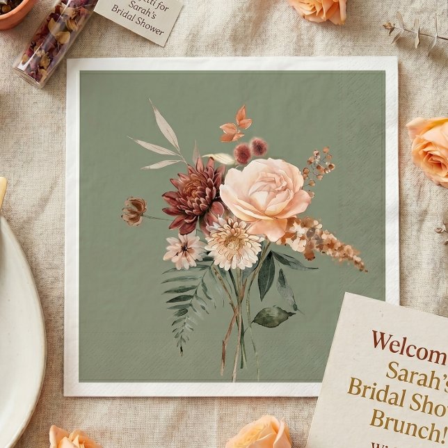 Boho Peach & Rust Blommig Sagogrön Bröllopsdusch Pappersservett (Skapare uppladdad)