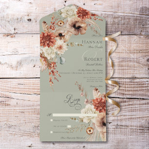 Boho Peach & Rust Blommigt & Feather-Grönt, ingen 
