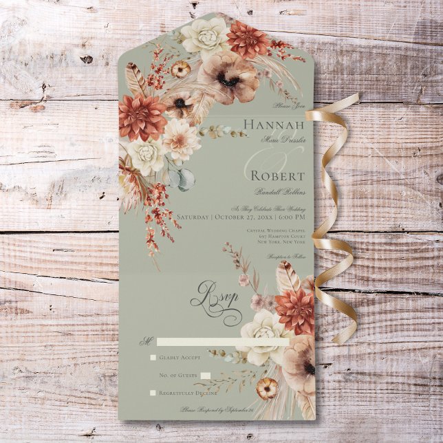 Boho Peach & Rust Blommigt & Feather-Grönt, ingen  (Boho Peach & Rust Floral & Feather Green No Dinner All In One Invitation)