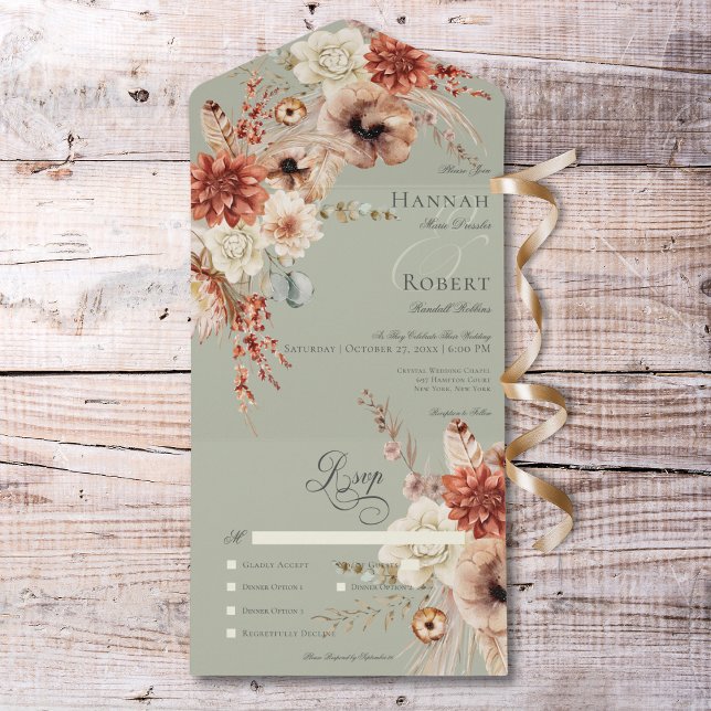 Boho Peach & Rust Blommigt & Feather Grönt Middag (Boho Peach & Rust Floral & Feather Green Dinner All In One Invitation)