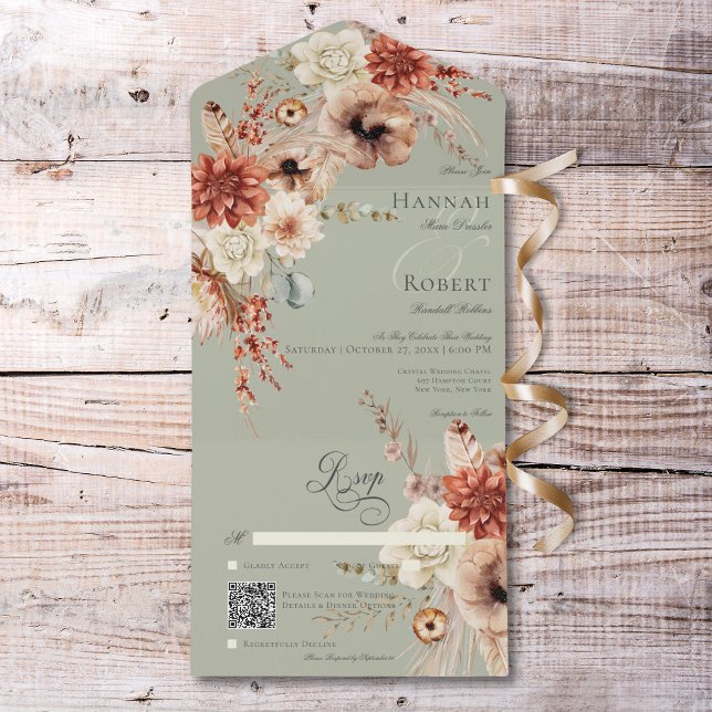 Boho Peach & Rust Blommigt & Feather Grönt QR-kod (Boho Peach & Rust Floral & Feather Green QR Code All In One Invitation)