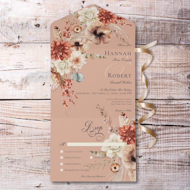 Boho Peach & Rust Blommigt & Feather Peach-middag (Boho Peach & Rust Floral & Feather Peach Dinner All In One Invitation)