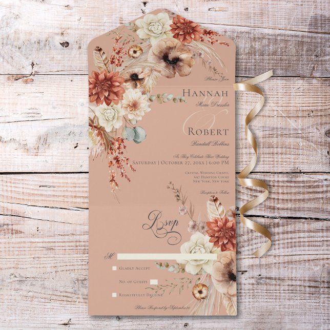 Boho Peach & Rust Blommigt & Feather Peach No. Mid (Boho Peach & Rust Floral & Feather Peach No Dinner All In One Invitation)