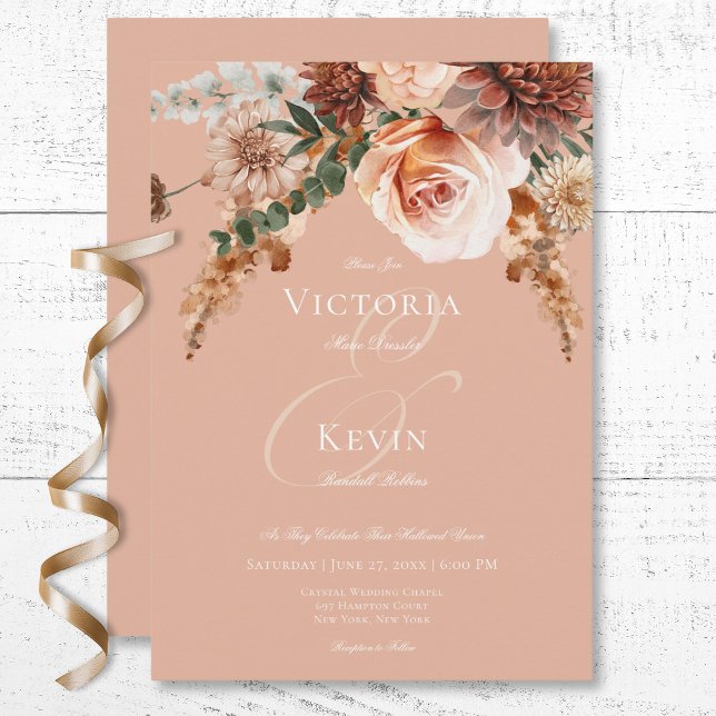 Boho Peach & Rust Blommigt Peach  Bröllop Inbjudningar (Boho Peach & Rust Floral Peach Blush Wedding Invitation)
