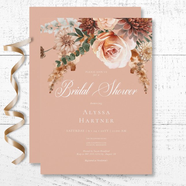 Boho Peach & Rust Blommigt Peach  Möhippa Inbjudningar (Boho Peach & Rust Floral Peach Blush Bridal Shower Invitation)