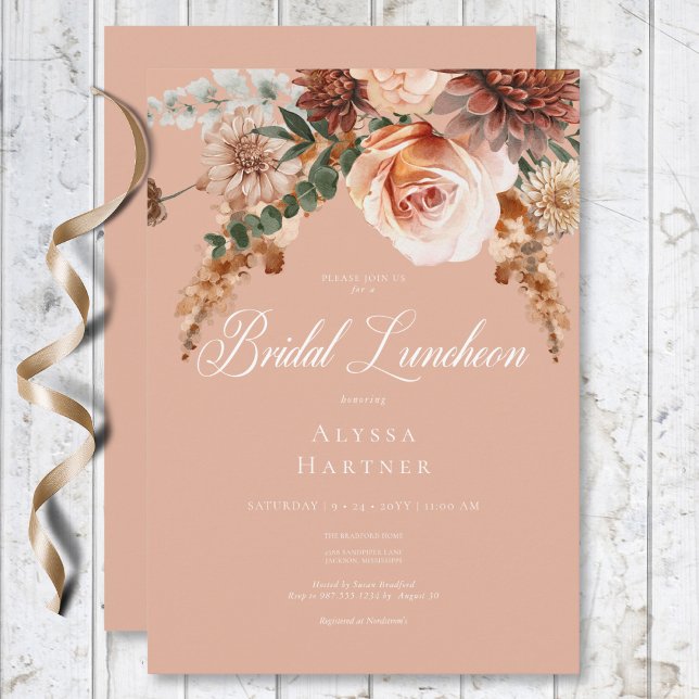 Boho Peach & Rust Blommigt Peach  Möhippa Lunch Inbjudningar (Boho Peach & Rust Floral Peach Blush Bridal Lunch Invitation)