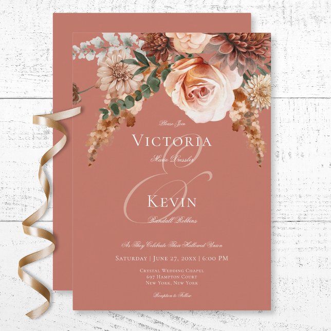 Boho Peach & Rust Blommigt Rust Bröllop Inbjudningar (Boho Peach & Rust Floral Rust Wedding Invitation)