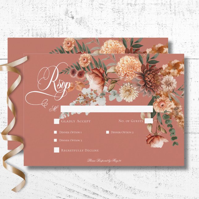 Boho Peach & Rust Blommigt Rust Dinner OSA Kort (Boho Peach & Rust Floral Rust Wedding Response Card with Dinner Options)