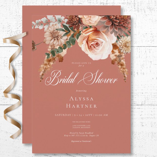 Boho Peach & Rust Blommigt Rust Möhippa Inbjudningar (Boho Peach & Rust Floral Rust Bridal Shower Invitation)