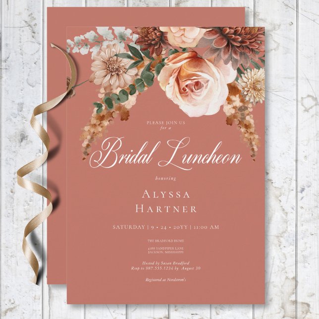 Boho Peach & Rust Blommigt Rust Möhippa Luncheon Inbjudningar (Boho Peach & Rust Floral Rust Bridal Luncheon Invitation)